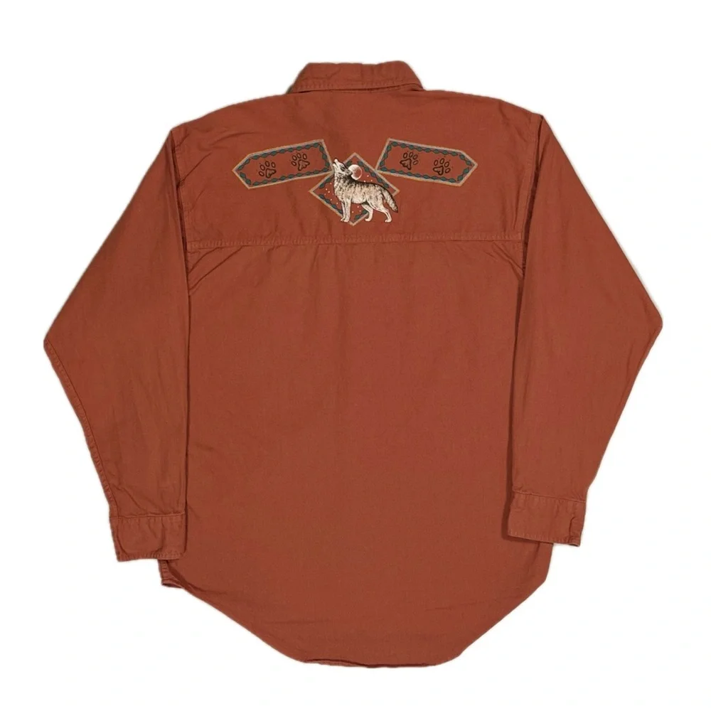 Vintage Coldwater Creek orange Aztec howling wolf button up shirt mens medium‎